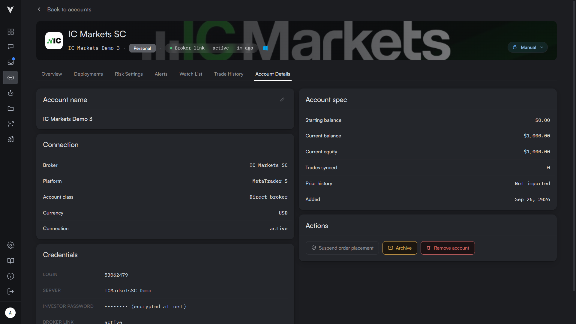 VC Trader IC Markets demo account details and active MetaTrader 5 connection.