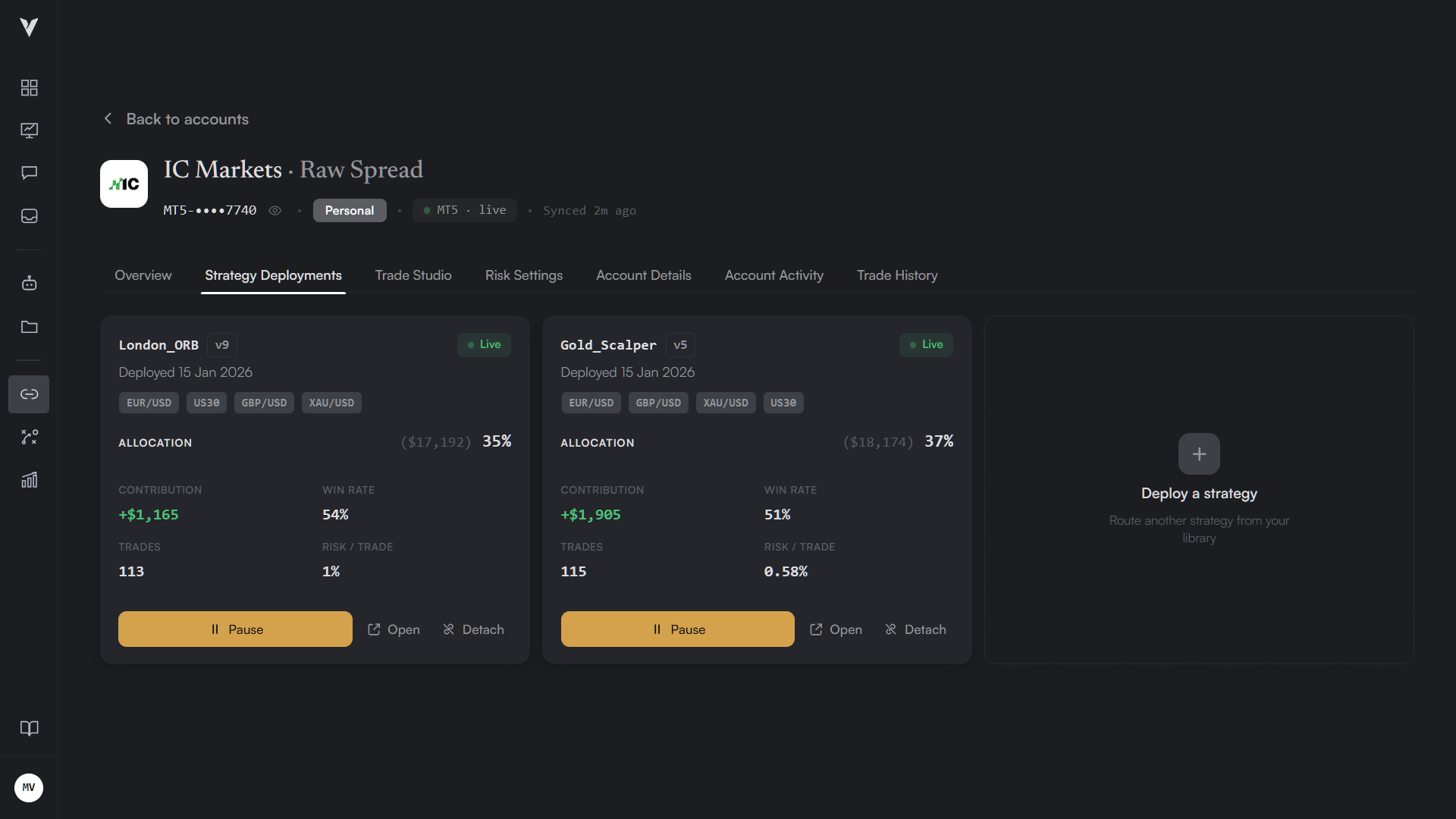 VC Trader account strategy deployments, showing London ORB and Gold Scalper strategies.