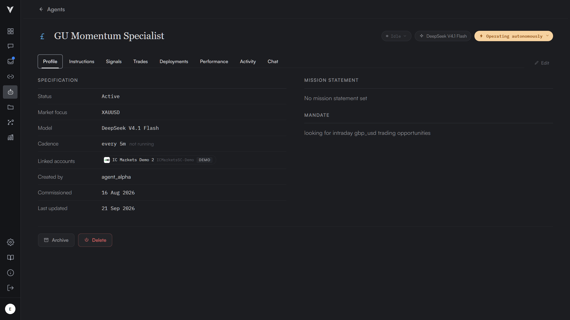 Original specialist profile with its specification, model and mandate.