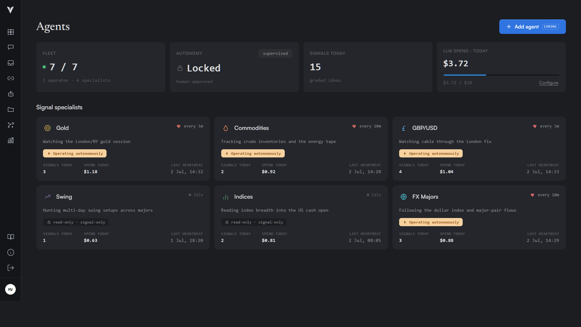Original Agents screen showing the specialist fleet and its operating autonomously labels.